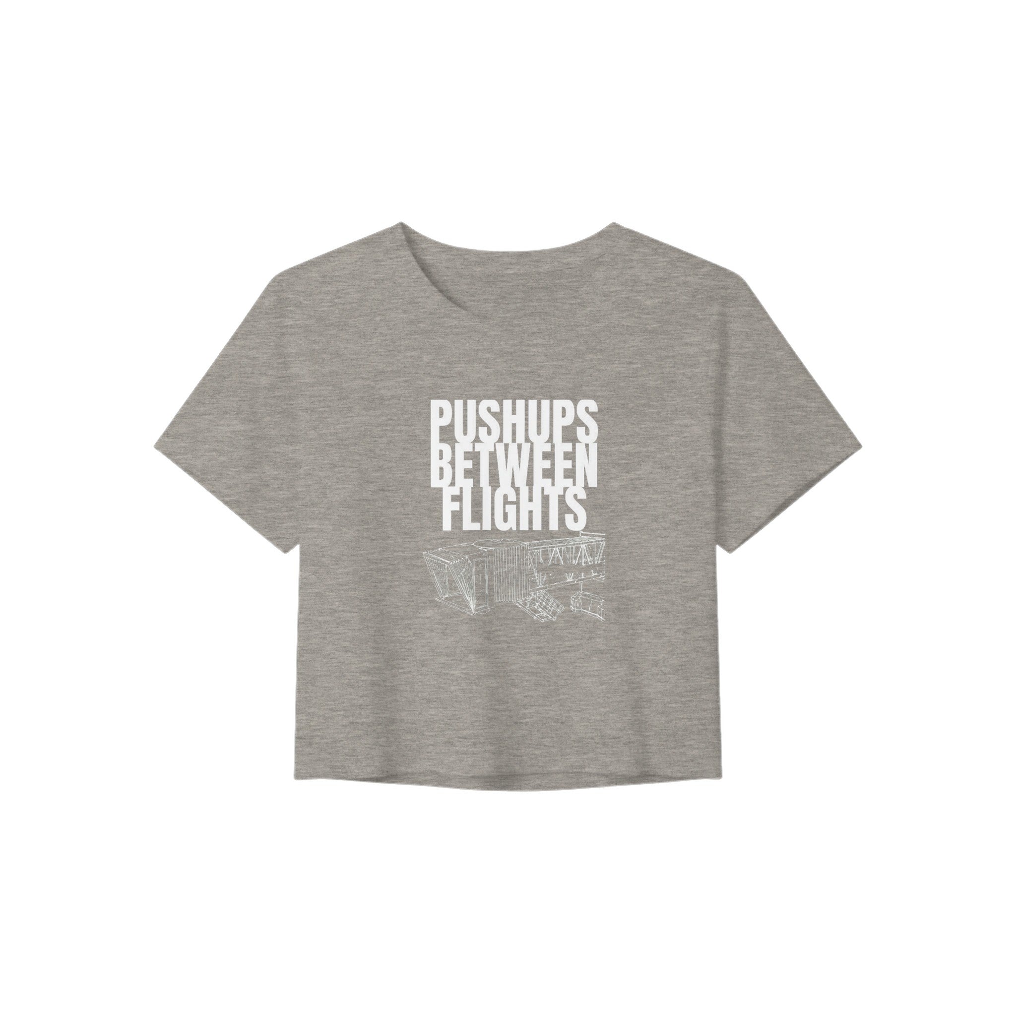 women's flowy travel crop tee with white Pushups Between Flights jet-bridge print — Dumbbells & Hotels