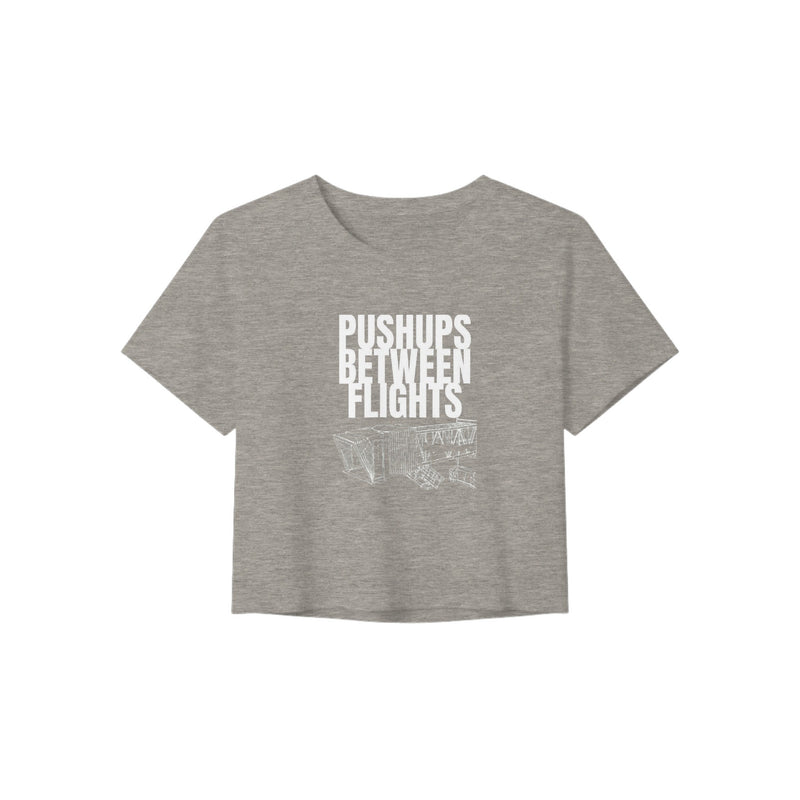 women's flowy travel crop tee with white Pushups Between Flights jet-bridge print — Dumbbells & Hotels