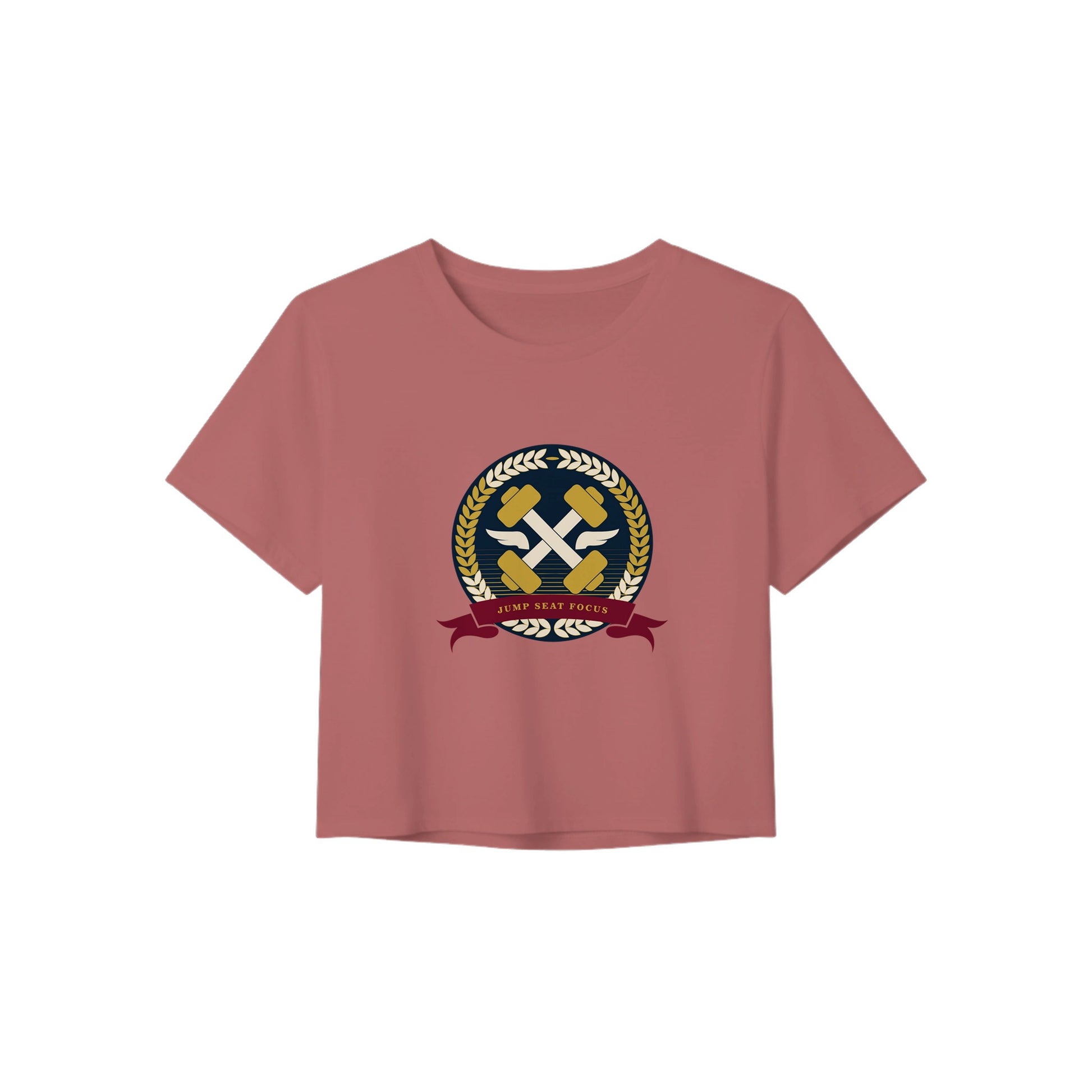 Dumbbells & Hotels women's crop tee with the Jump Seat Focus crest (gold laurel ring, crossed dumbbells over aviator wings, burgundy ribbon) - product shot 7 of 8