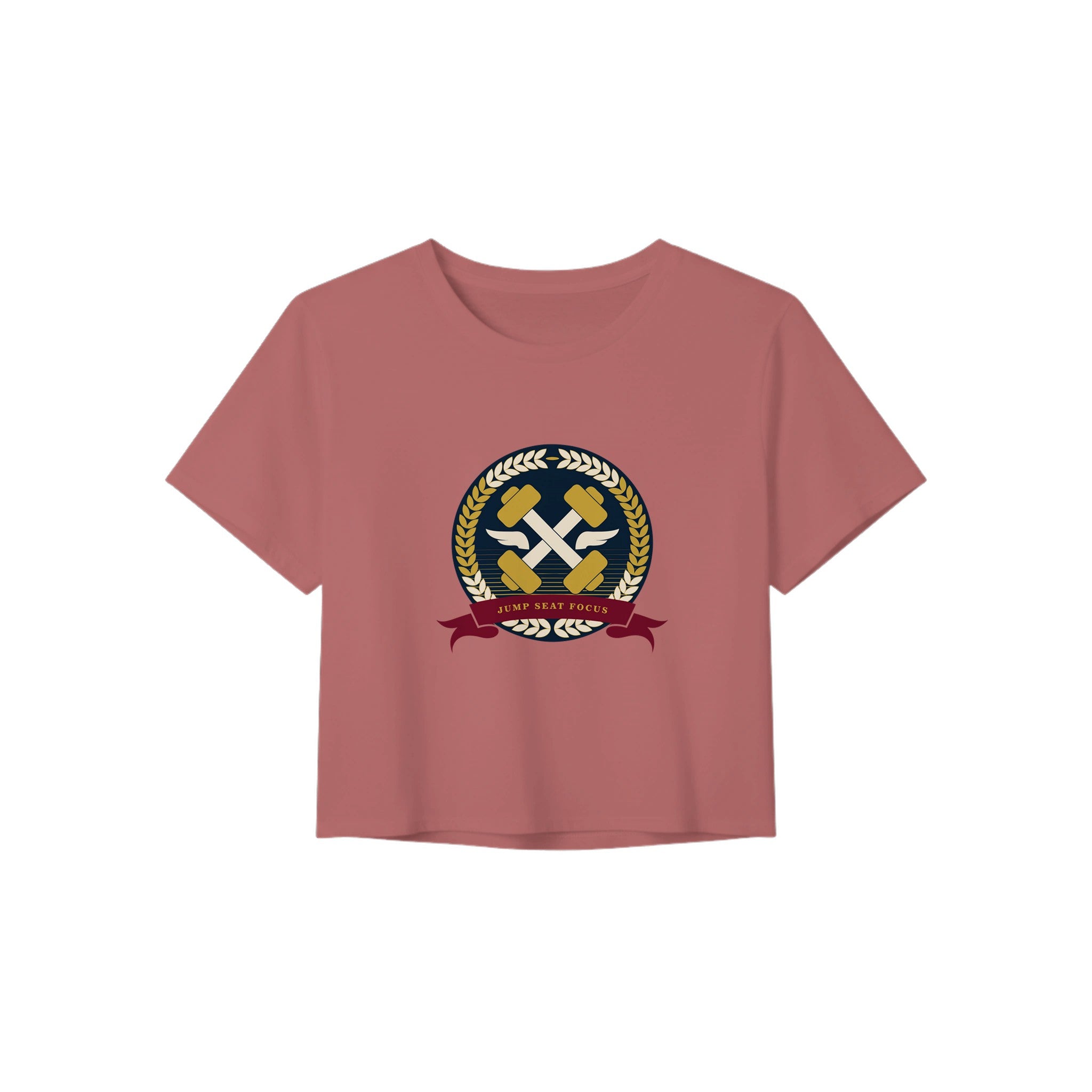 Dumbbells & Hotels women's crop tee with the Jump Seat Focus crest (gold laurel ring, crossed dumbbells over aviator wings, burgundy ribbon) - product shot 7 of 8