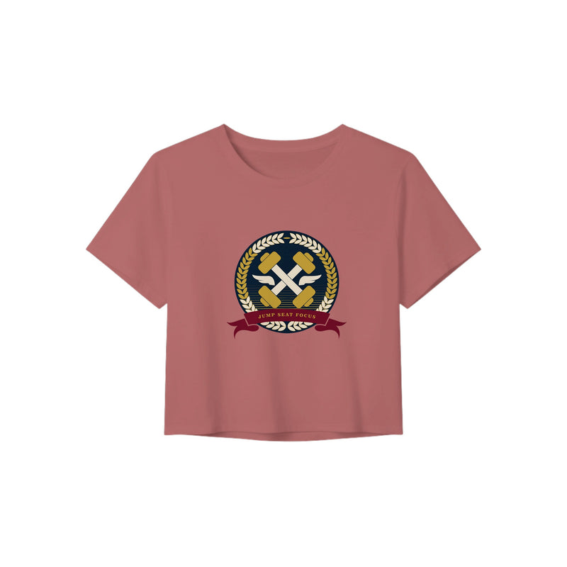 Dumbbells & Hotels women's crop tee with the Jump Seat Focus crest (gold laurel ring, crossed dumbbells over aviator wings, burgundy ribbon) - product shot 7 of 8