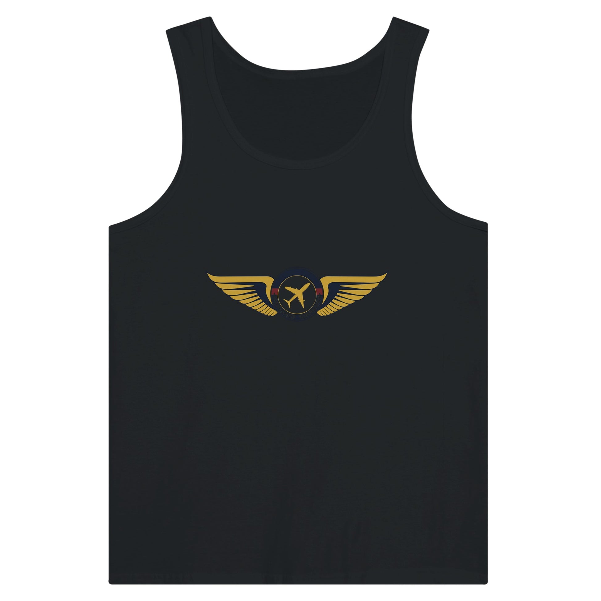 Aviator Wings unisex premium travel tank top, flat lay 8 — Dumbbells & Hotels