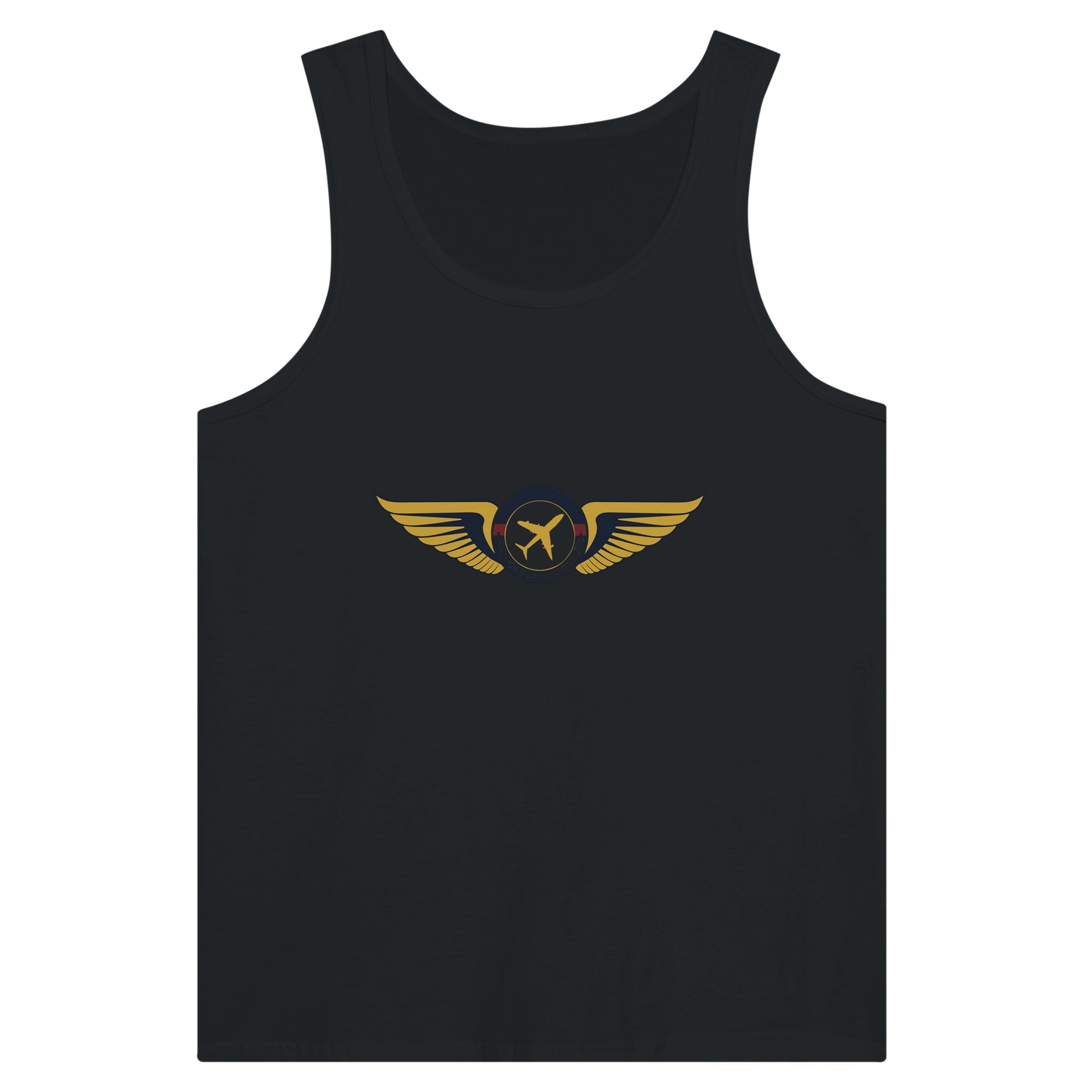 Aviator Wings unisex premium travel tank top, flat lay 8 — Dumbbells & Hotels