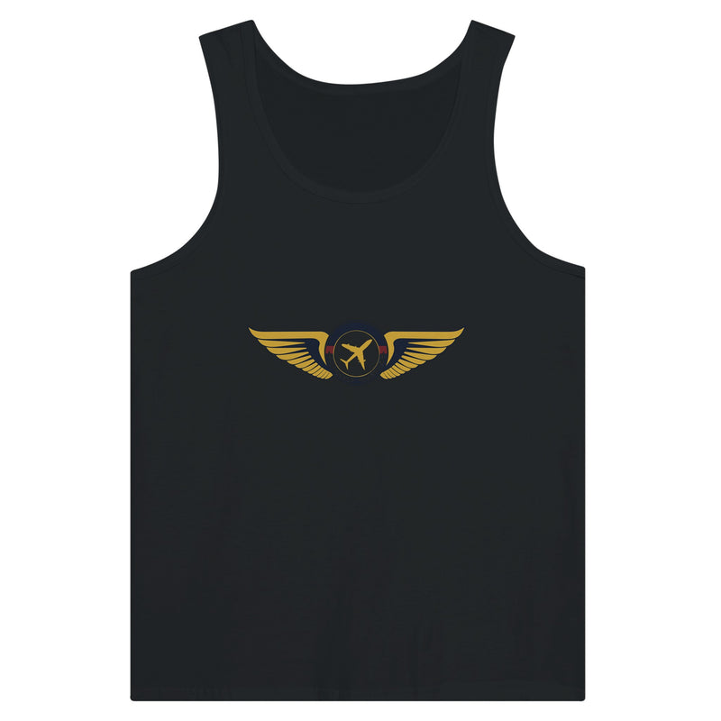 Aviator Wings unisex premium travel tank top, flat lay 8 — Dumbbells & Hotels