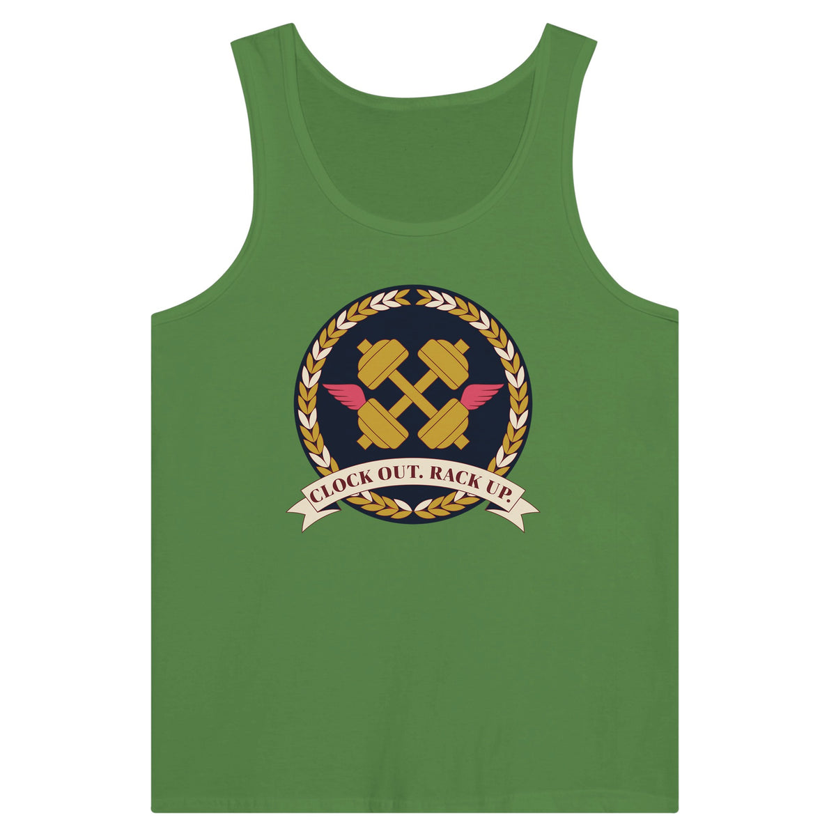 Clock Out. Rack Up. crest design on a Dumbbells and Hotels unisex tank top