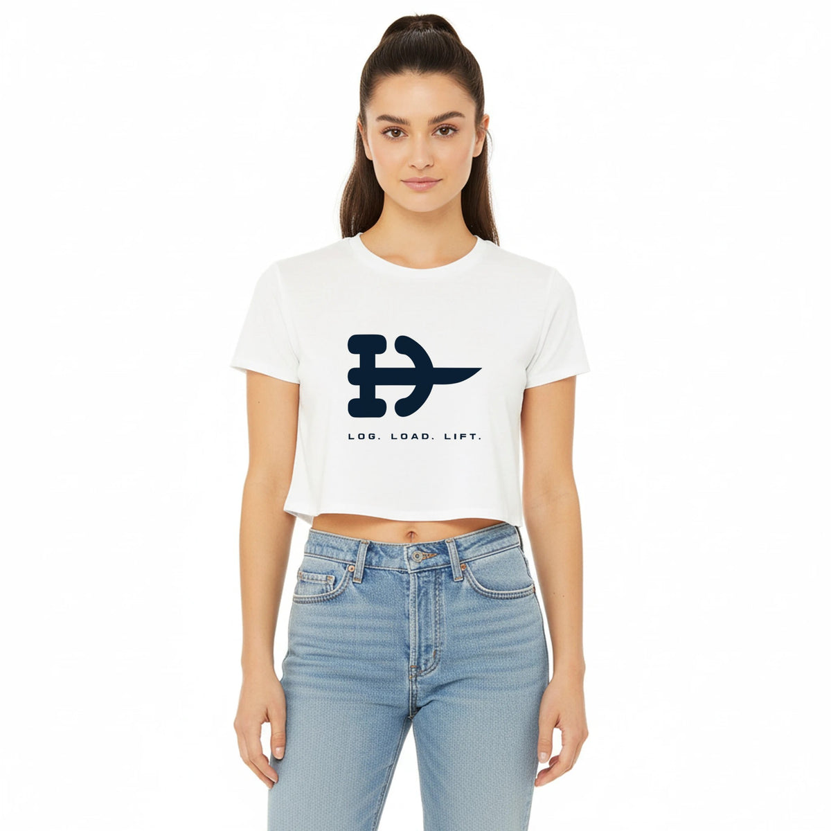 Log. Load. Lift. Crop Tee | Dumbbells & Hotels - Log. Load. Lift. design, crop tee product photo