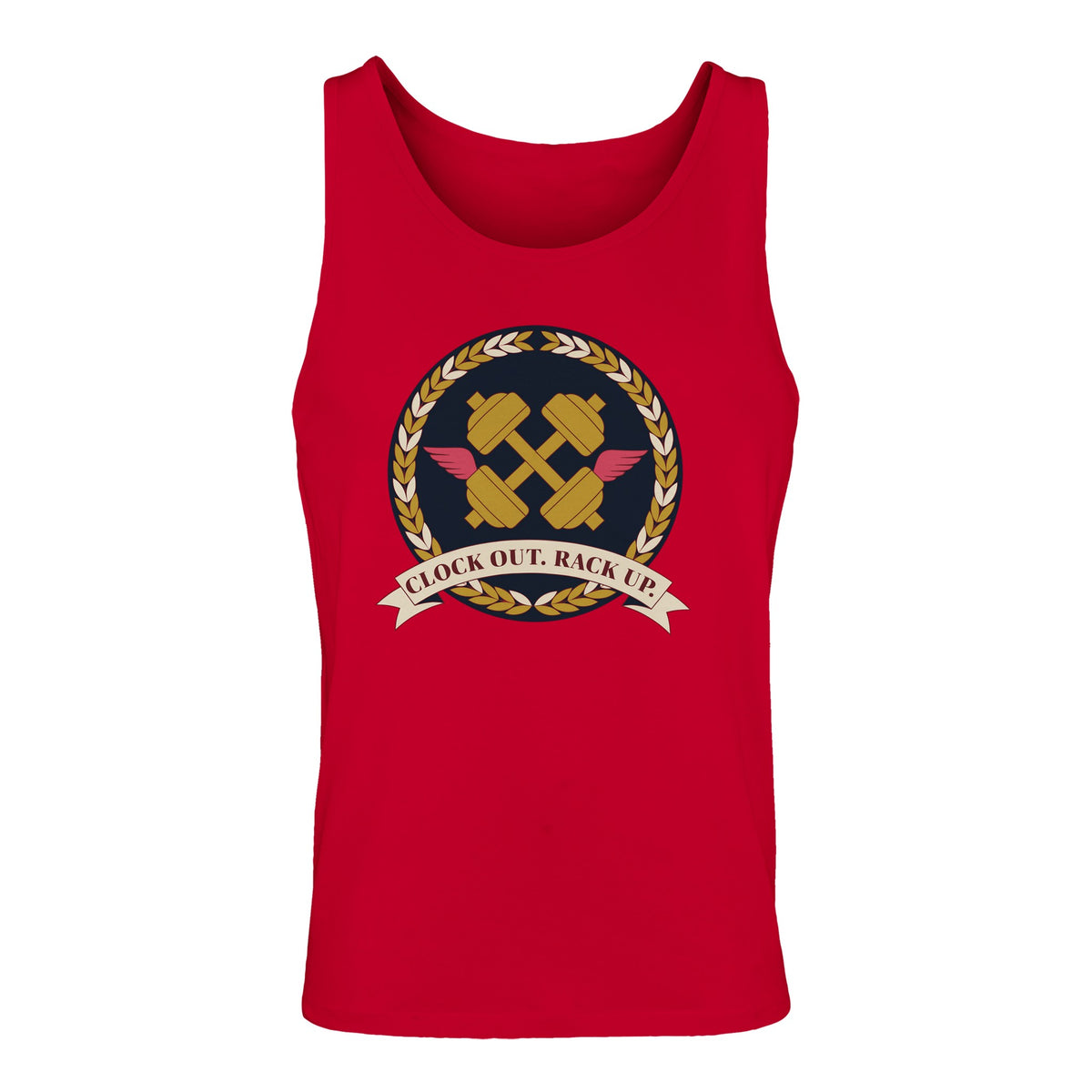 Clock Out. Rack Up. crest design on a Dumbbells and Hotels unisex tank top