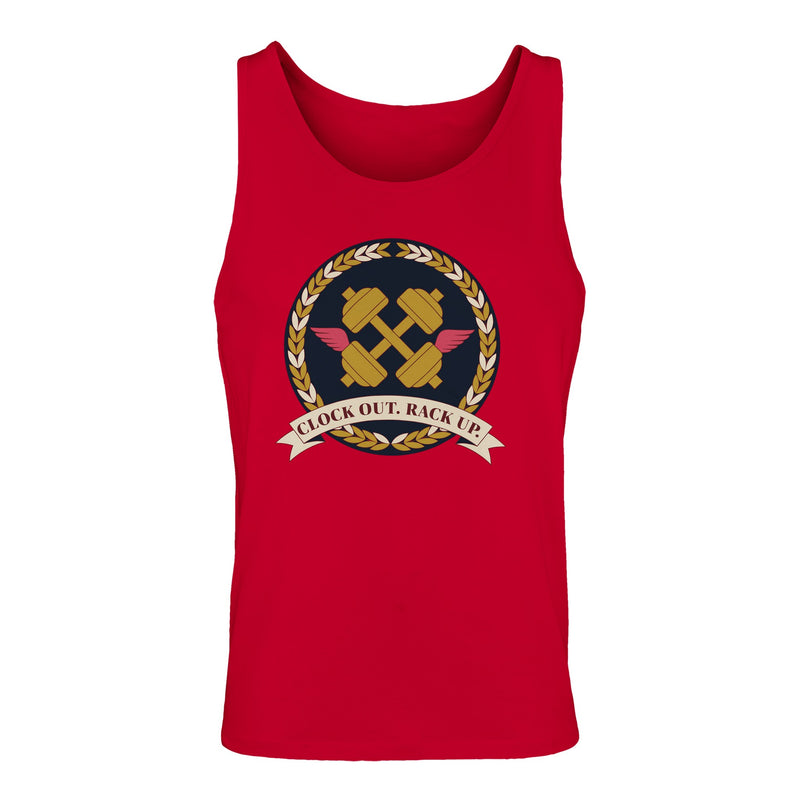 Clock Out. Rack Up. crest design on a Dumbbells and Hotels unisex tank top