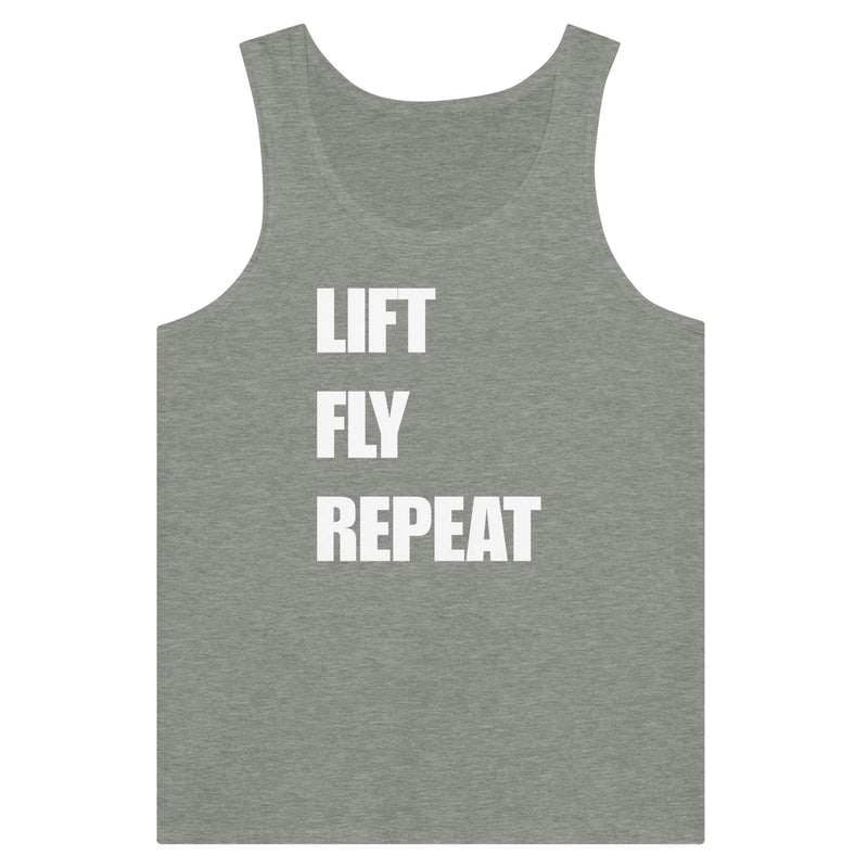 Dumbbells & Hotels unisex tank top with the Lift Fly Repeat graphic - product shot 1 of 18