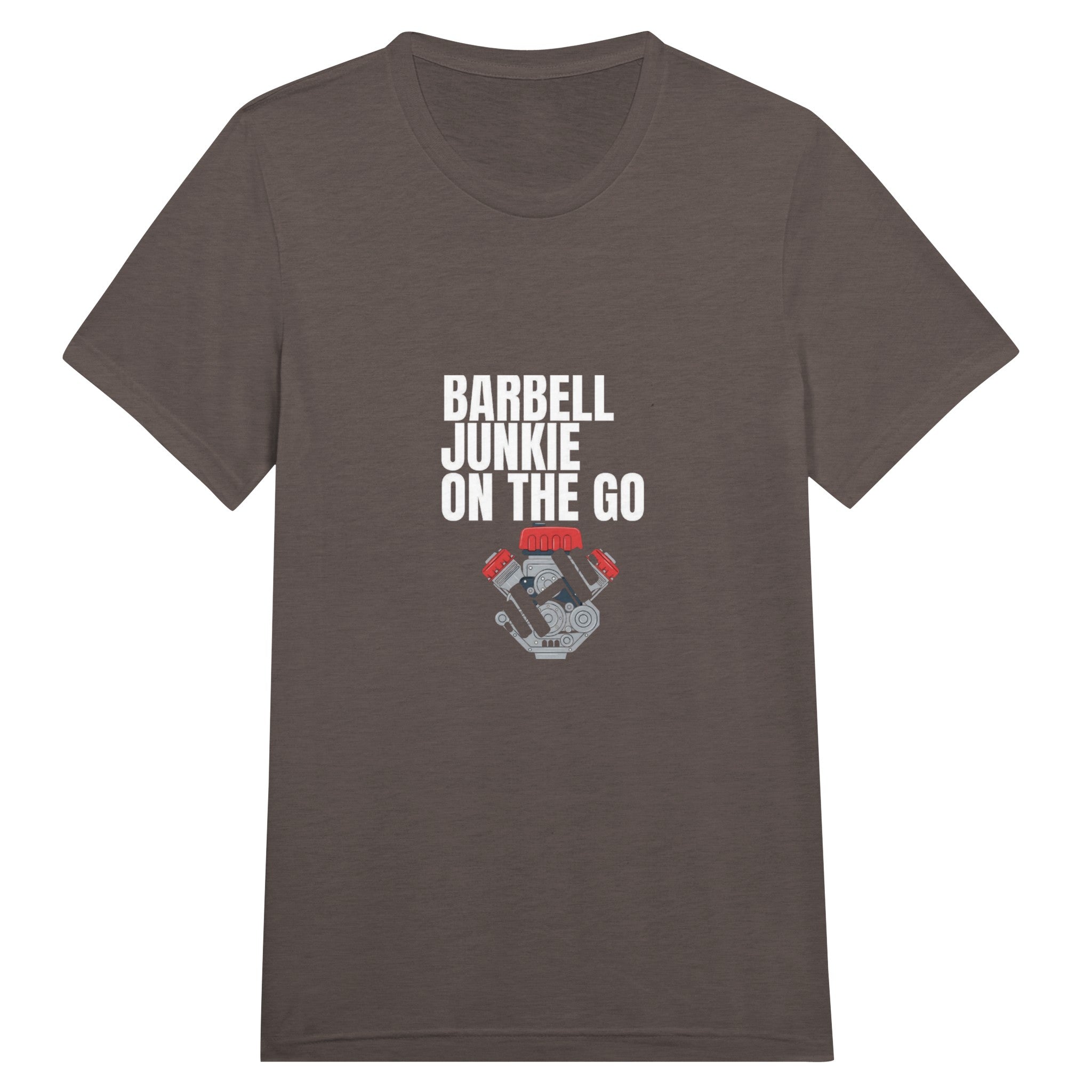Barbell Junkie on the Go travel-ready crewneck tee by Dumbbells & Hotels — road warrior gym apparel