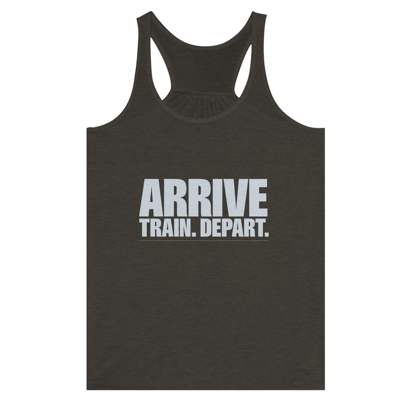 Arrive. Train. Depart. Racerback | Dumbbells & Hotels - Arrive. Train. Depart. design, racerback product photo