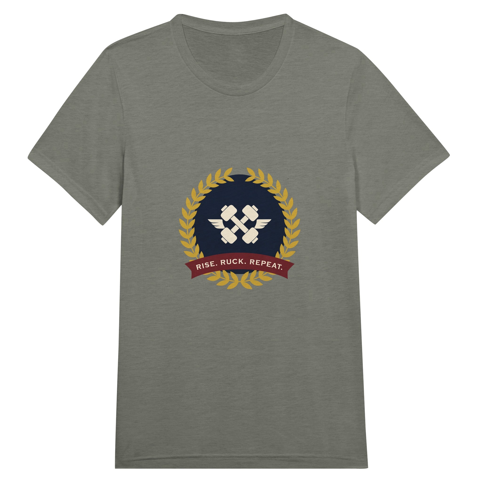 Rise. Ruck. Repeat. unisex triblend tee in Grey Triblend — packable travel training apparel from Dumbbells & Hotels