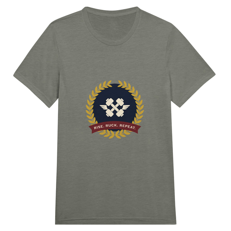 Rise. Ruck. Repeat. unisex triblend tee in Grey Triblend — packable travel training apparel from Dumbbells & Hotels