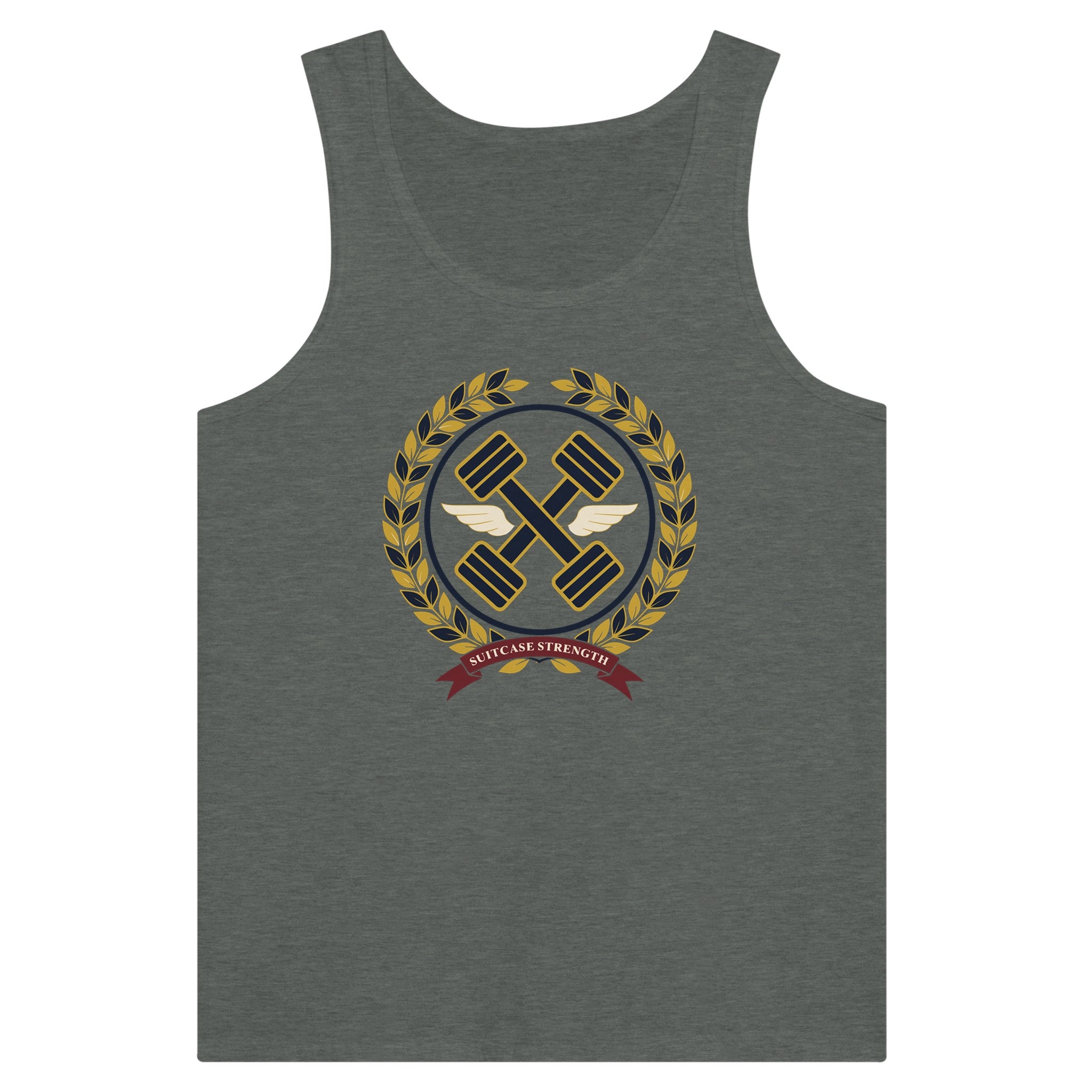 Suitcase Strength unisex premium tank top for travelling professionals, printed with a gold laurel-wreath crest with navy crossed dumbbells, cream aviator wings and a SUITCASE STRENGTH ribbon — product photo 12 of 18