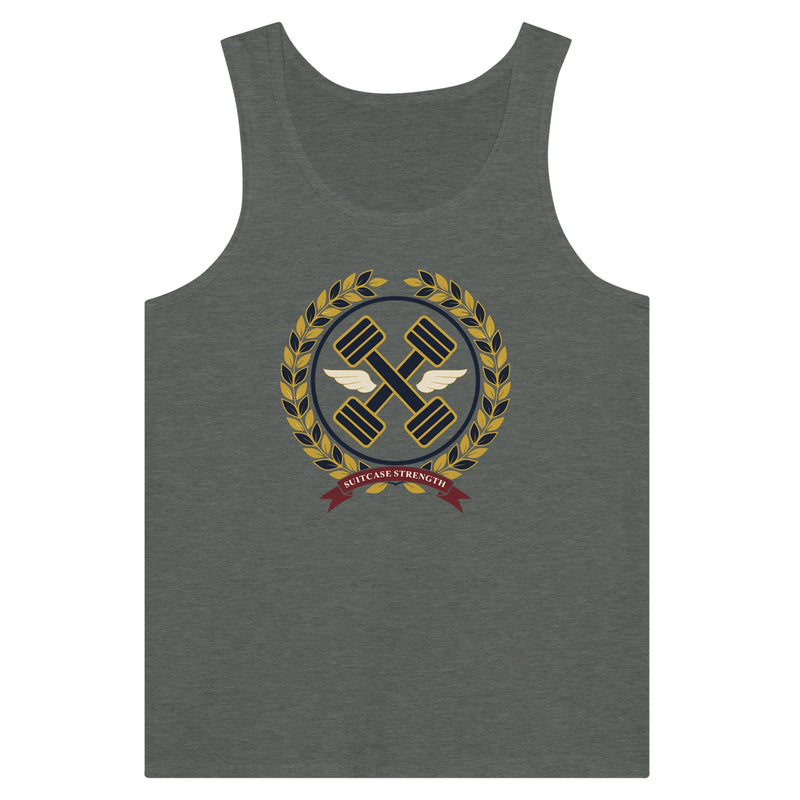 Suitcase Strength unisex premium tank top for travelling professionals, printed with a gold laurel-wreath crest with navy crossed dumbbells, cream aviator wings and a SUITCASE STRENGTH ribbon — product photo 12 of 18