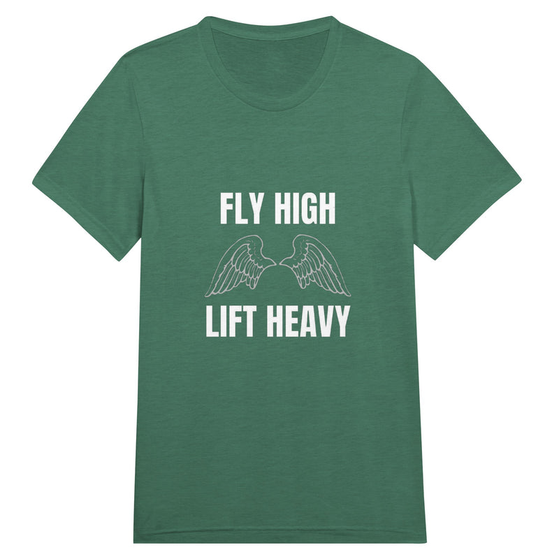 Fly High, Lift Heavy Wingspan Travel Tee in Grass Green Triblend — capsule wardrobe travel tee by Dumbbells & Hotels