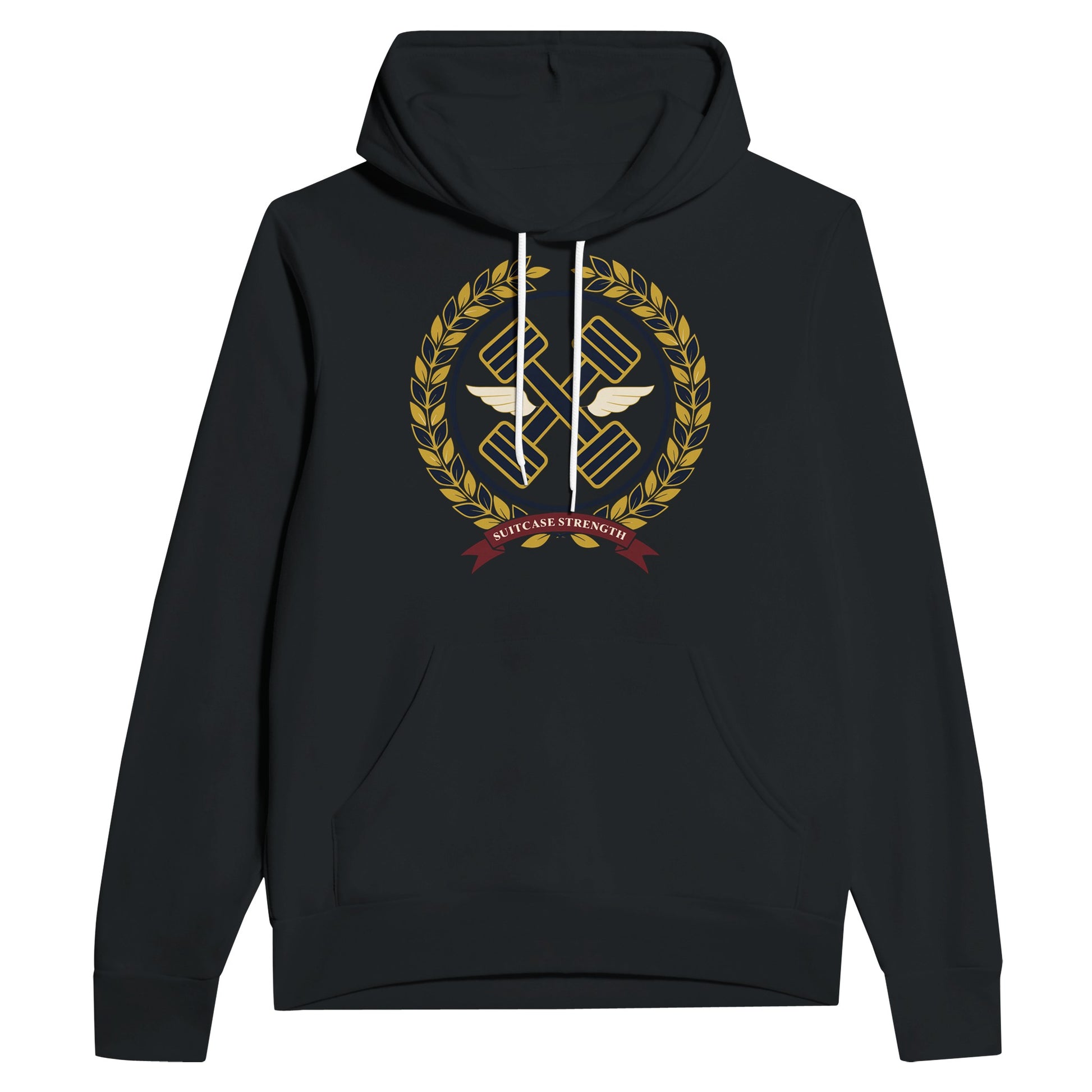Suitcase Strength unisex pullover hoodie for travelling professionals, printed with a gold laurel-wreath crest with navy crossed dumbbells, cream aviator wings and a SUITCASE STRENGTH ribbon — product photo 5 of 12