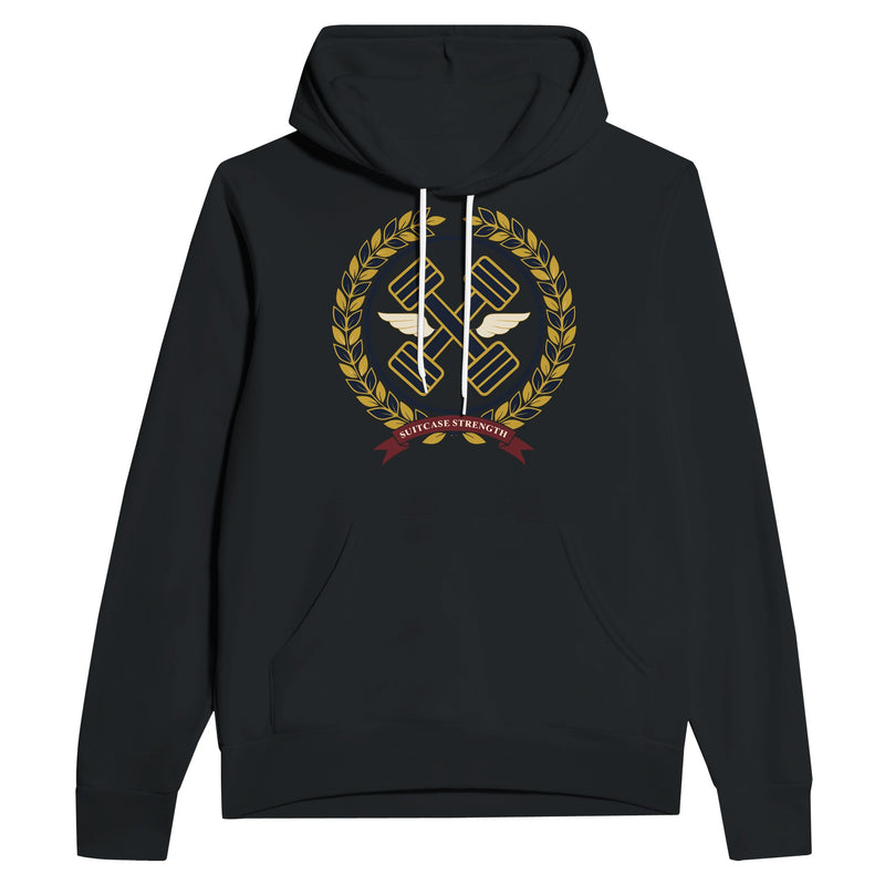 Suitcase Strength unisex pullover hoodie for travelling professionals, printed with a gold laurel-wreath crest with navy crossed dumbbells, cream aviator wings and a SUITCASE STRENGTH ribbon — product photo 5 of 12