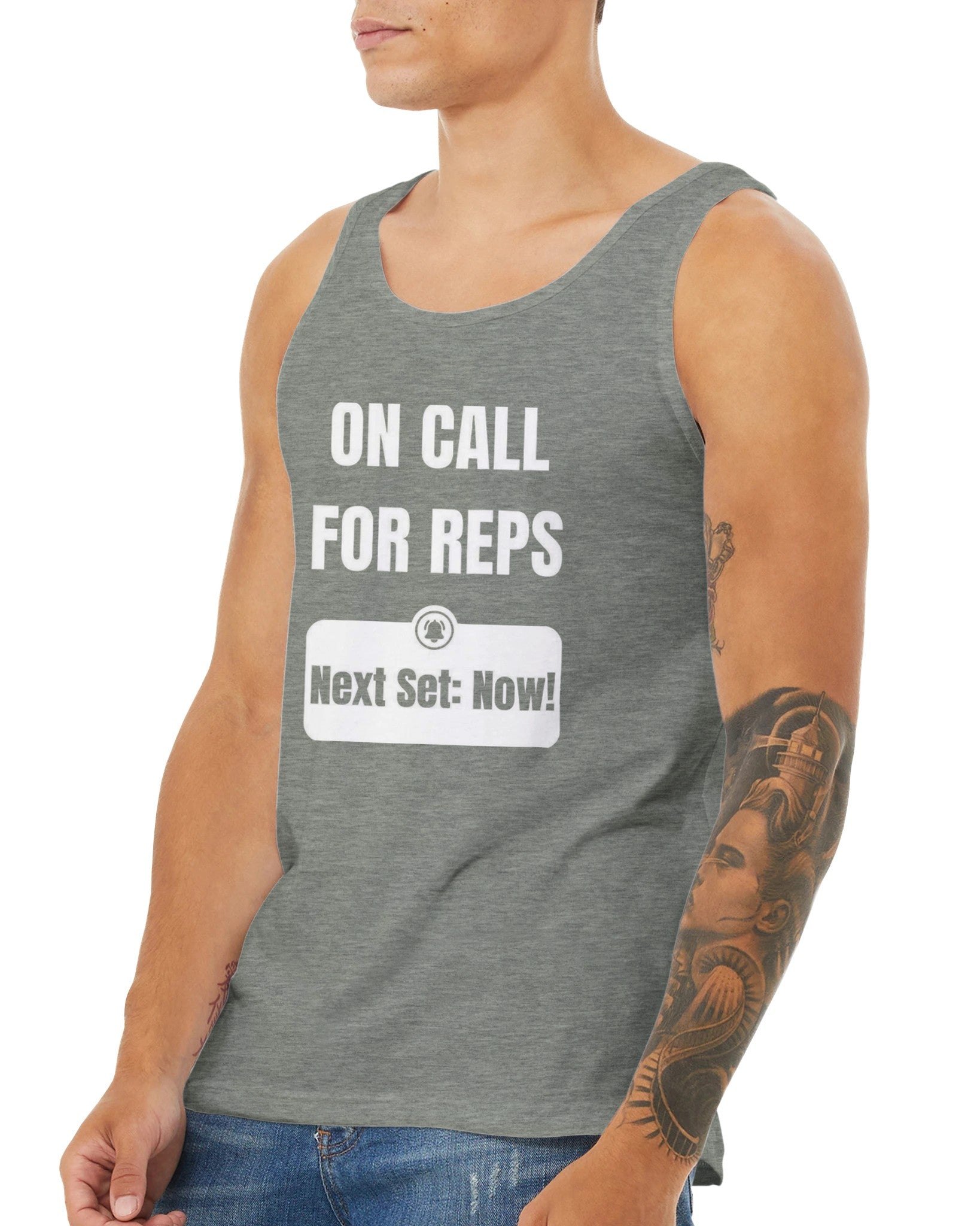 unisex premium travel tank with white On Call for Reps notification graphic reading Next Set: Now!