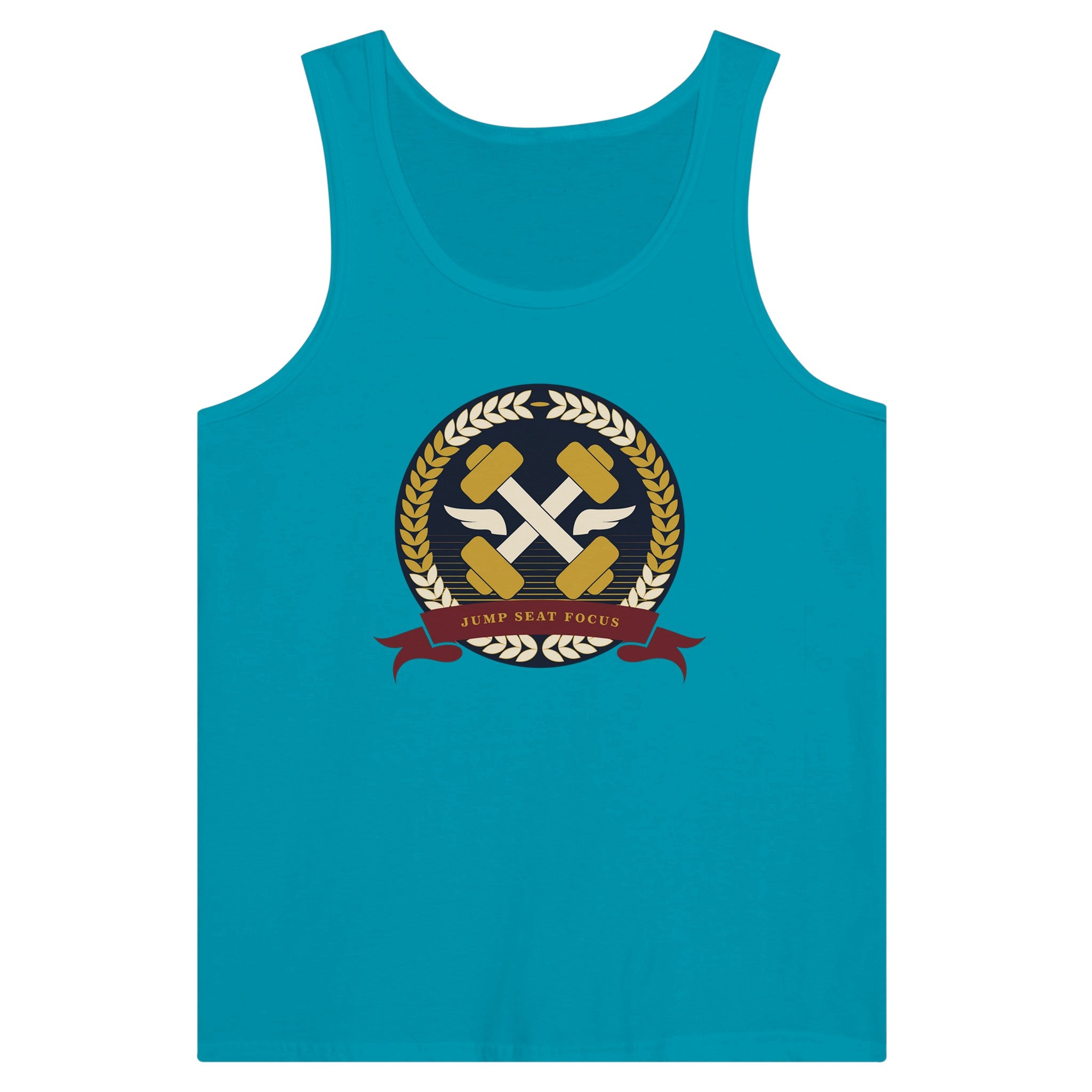 Dumbbells & Hotels unisex tank top with the Jump Seat Focus crest (gold laurel ring, crossed dumbbells over aviator wings, burgundy ribbon) - product shot 13 of 18