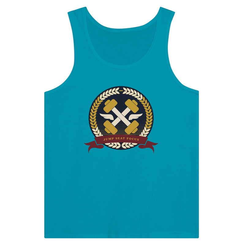 Dumbbells & Hotels unisex tank top with the Jump Seat Focus crest (gold laurel ring, crossed dumbbells over aviator wings, burgundy ribbon) - product shot 13 of 18
