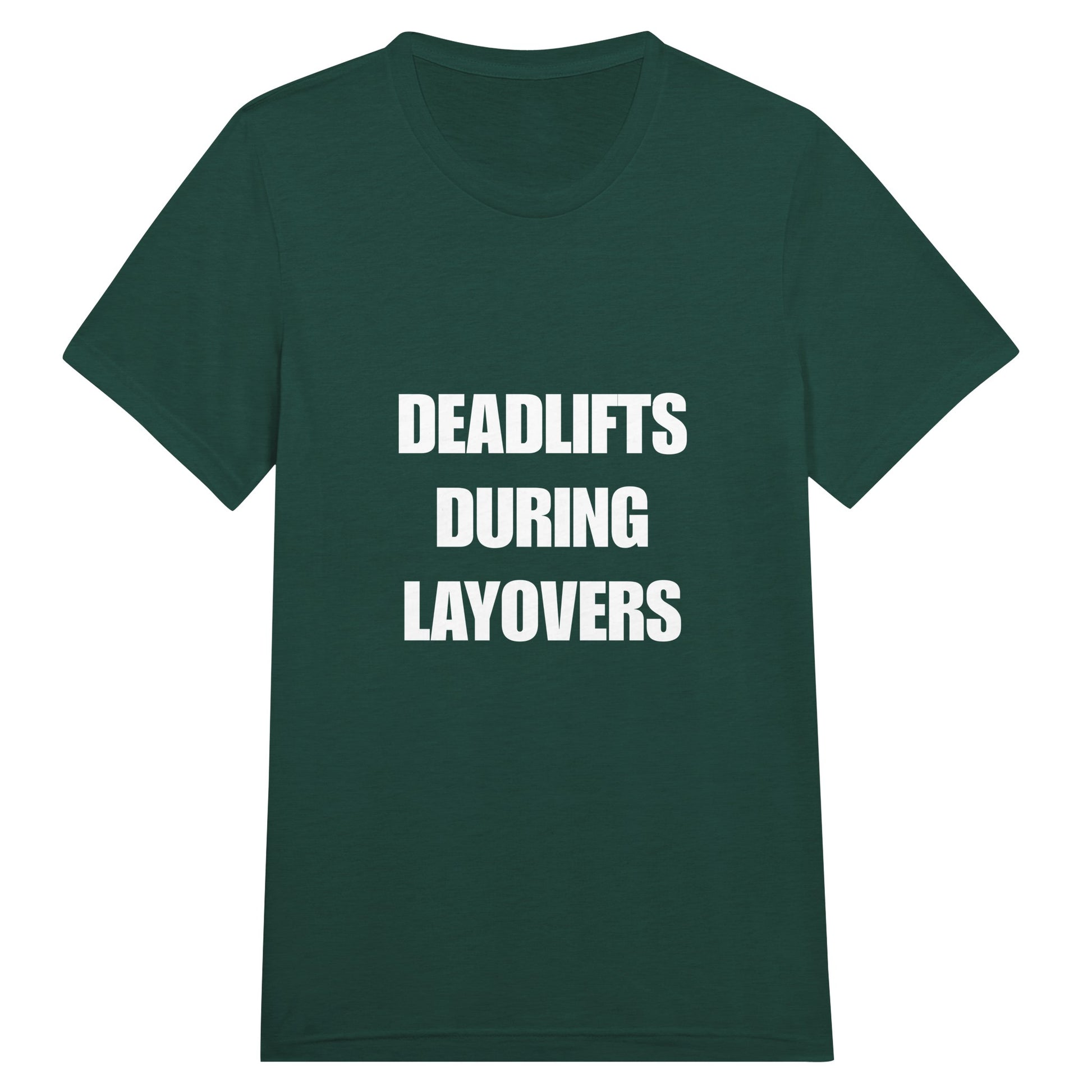 Deadlifts During Layovers travel workout tee — wrinkle-resistant gear that packs flat for the carry-on | Dumbbells & Hotels
