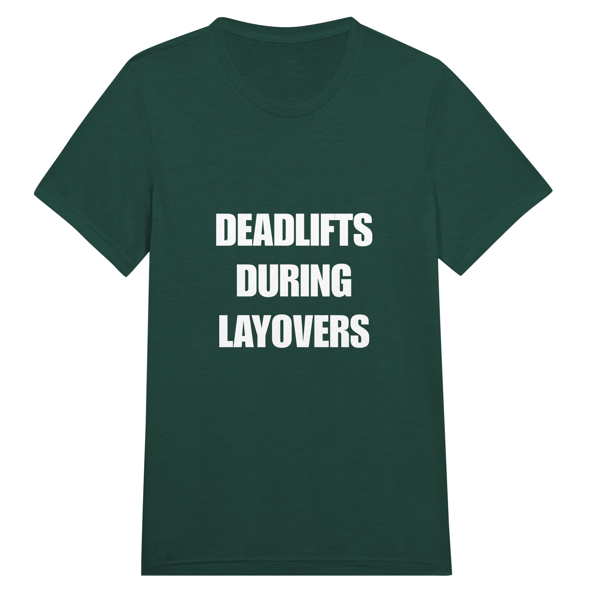 Deadlifts During Layovers travel workout tee — wrinkle-resistant gear that packs flat for the carry-on | Dumbbells & Hotels