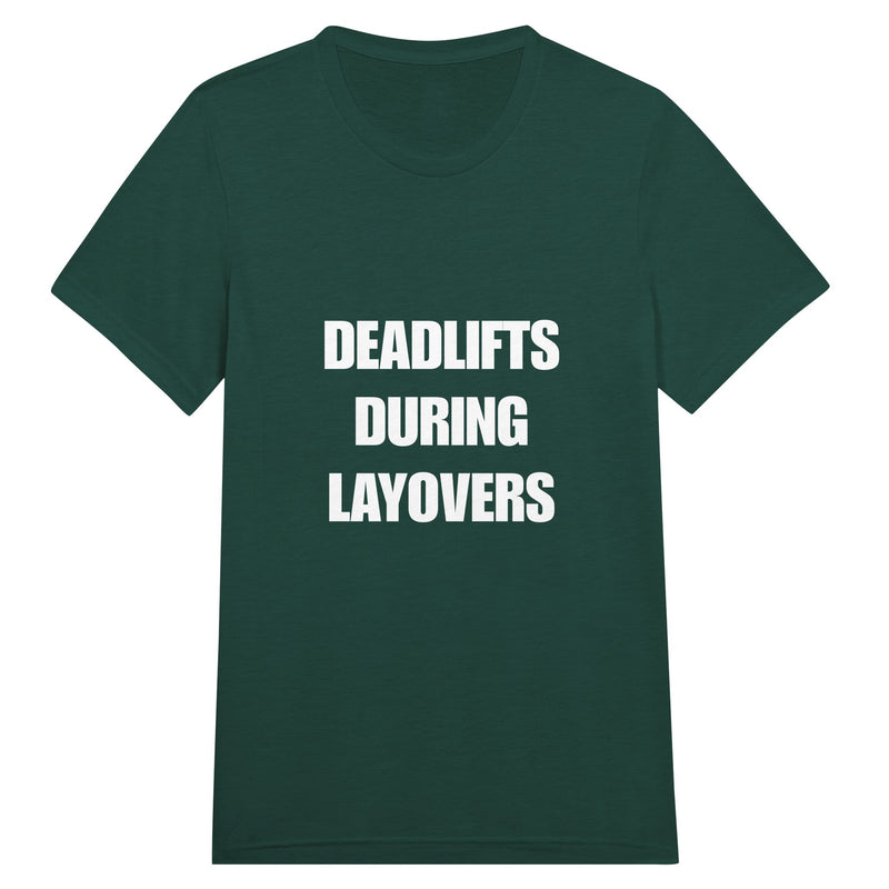 Deadlifts During Layovers travel workout tee — wrinkle-resistant gear that packs flat for the carry-on | Dumbbells & Hotels