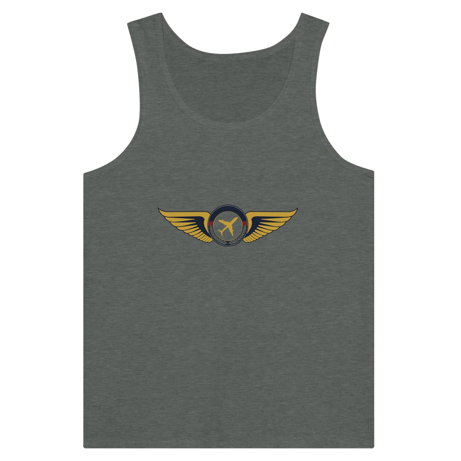 Aviator Wings unisex premium travel tank top, flat lay 12 — Dumbbells & Hotels