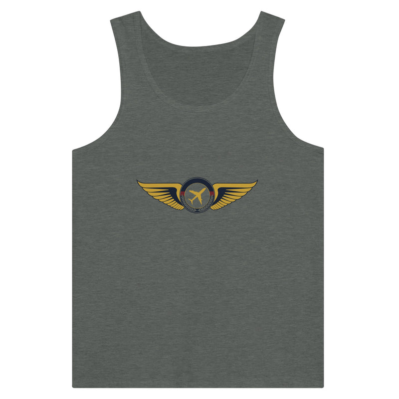 Aviator Wings unisex premium travel tank top, flat lay 12 — Dumbbells & Hotels