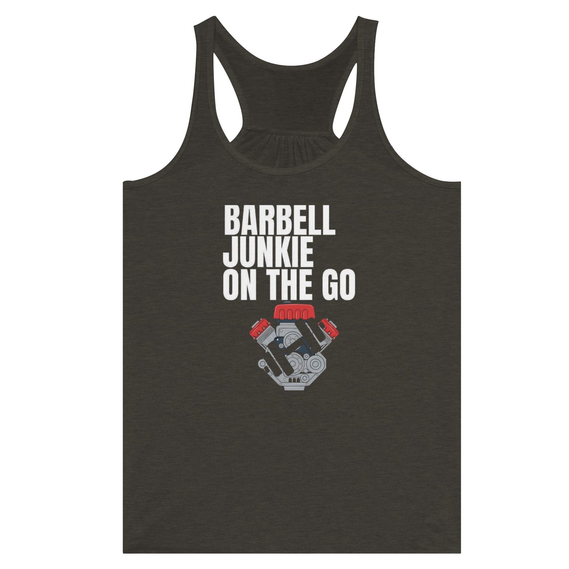 Barbell Junkie on the Go women's travel racerback tank by Dumbbells & Hotels — road warrior gym apparel
