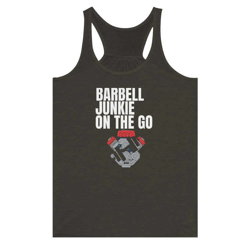 Barbell Junkie on the Go women's travel racerback tank by Dumbbells & Hotels — road warrior gym apparel