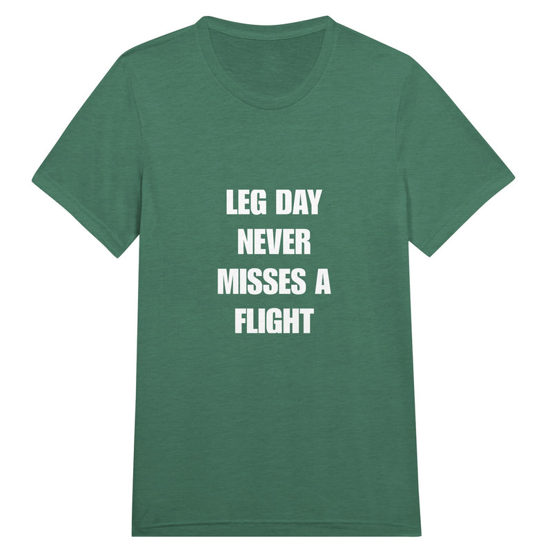 Leg Day Never Misses a Flight unisex triblend tee for travelling professionals, printed with a laurel-wreath crest with crossed dumbbells, aviator wings and a LEG DAY NEVER MISSES A FLIGHT ribbon — product photo 8 of 19