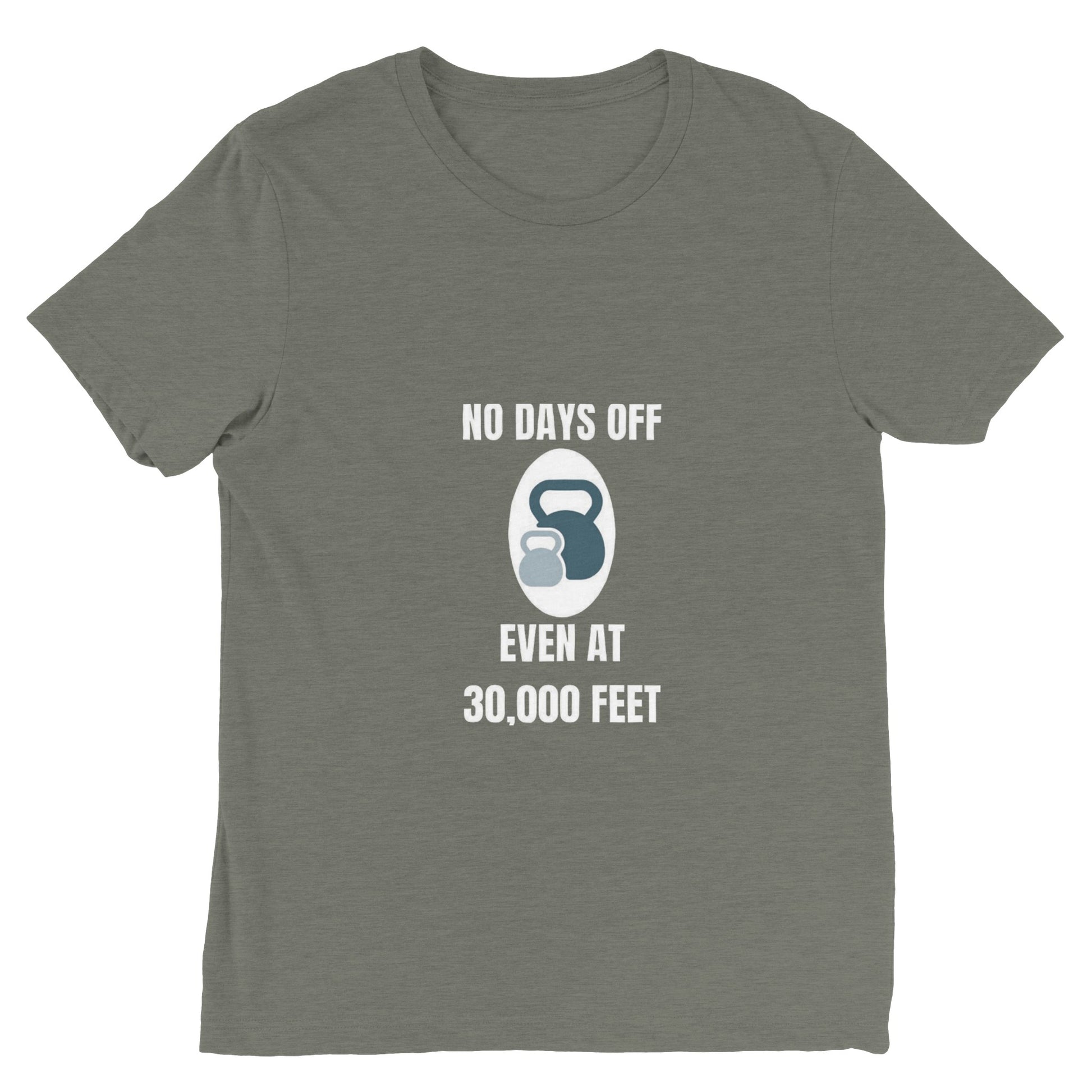 No Days Off Even at 30,000 Feet artwork detail on a unisex triblend tee designed for hotel gyms and long layovers