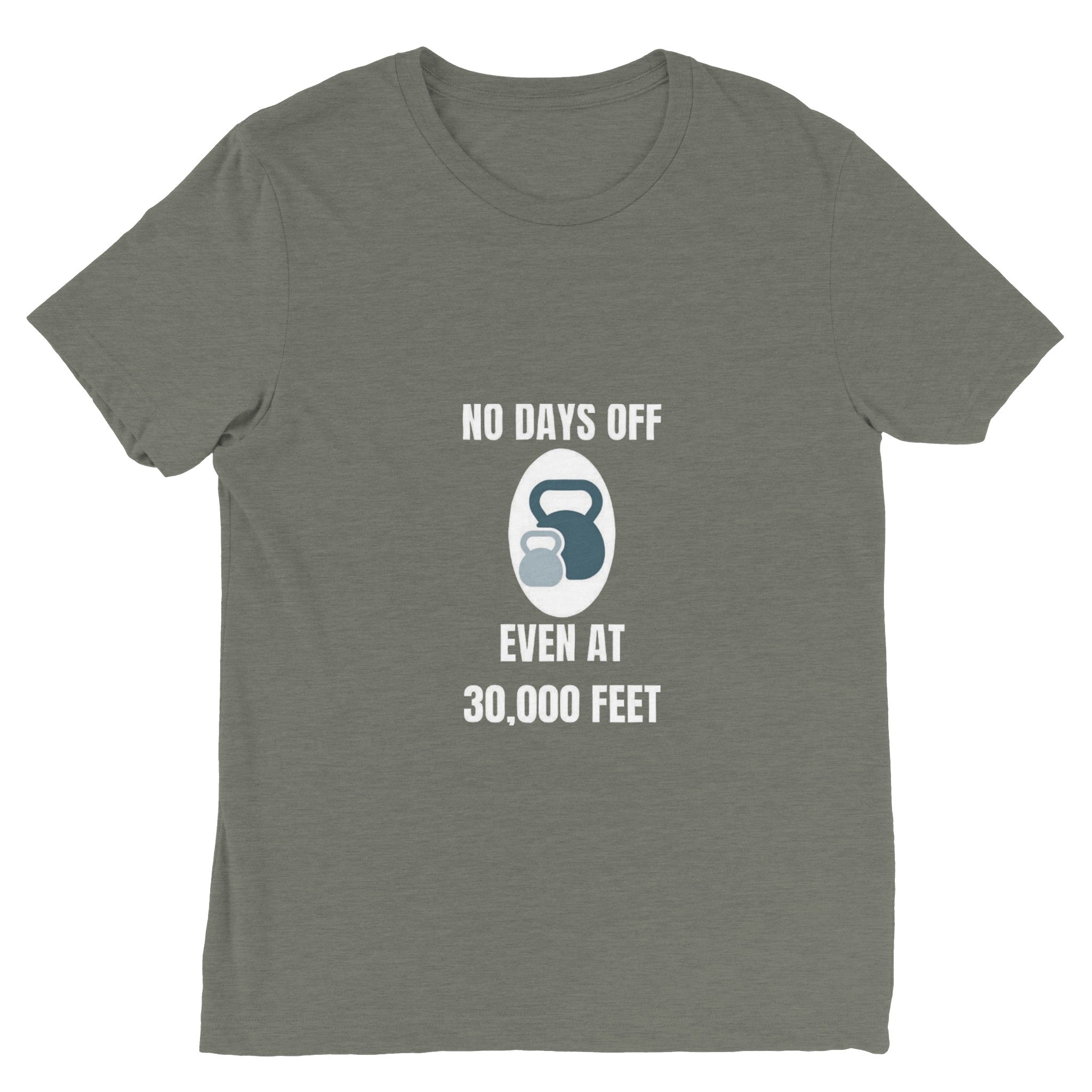 No Days Off Even at 30,000 Feet artwork detail on a unisex triblend tee designed for hotel gyms and long layovers
