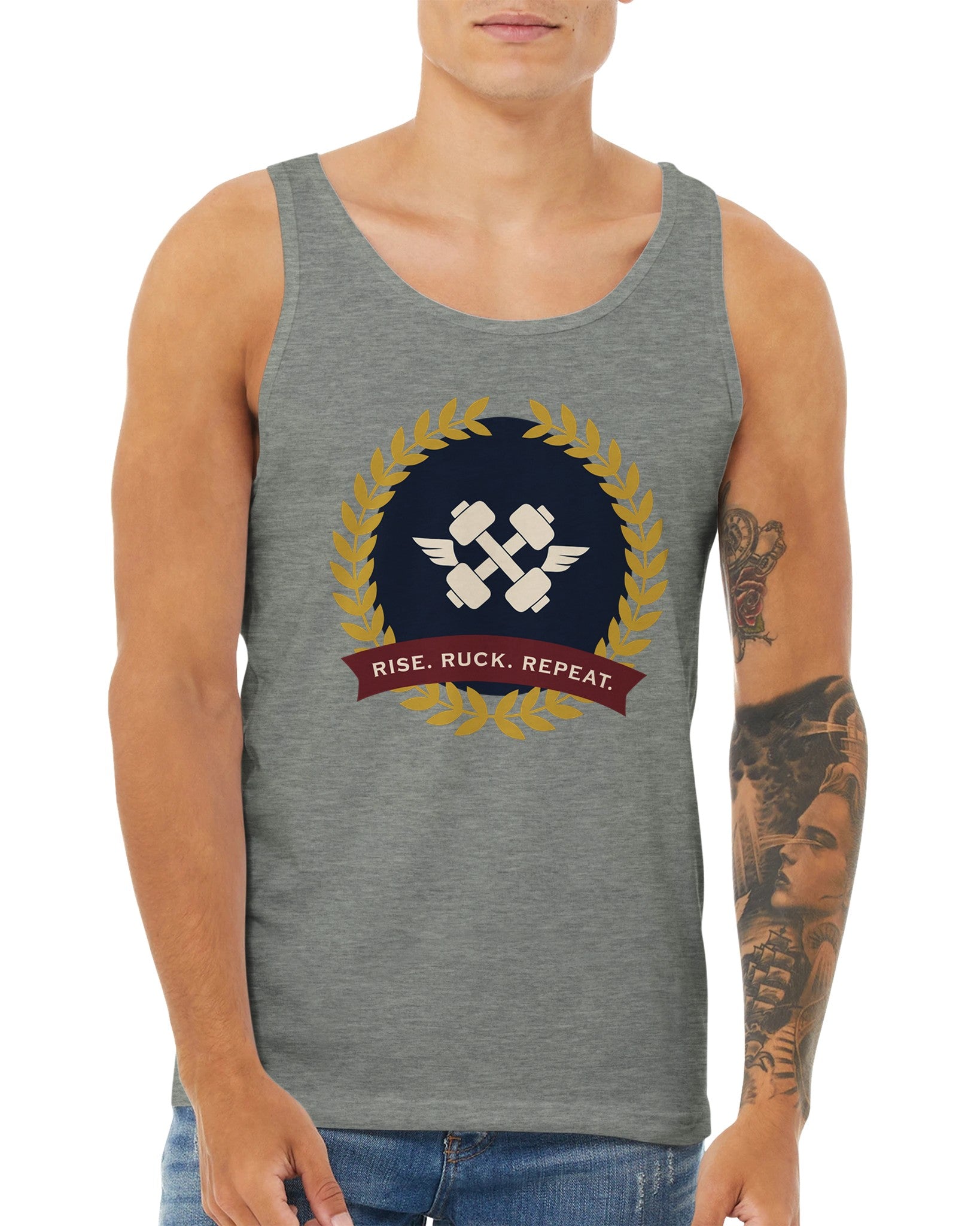 Rise. Ruck. Repeat. artwork detail on a unisex tank top designed for hotel gyms and long layovers