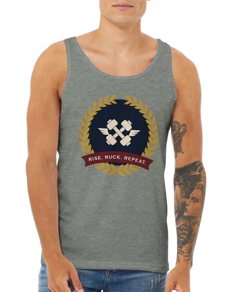 Rise. Ruck. Repeat. artwork detail on a unisex tank top designed for hotel gyms and long layovers