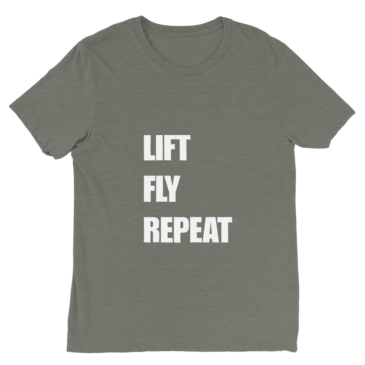 Lift Fly Repeat unisex triblend tee for travelling professionals, printed with a laurel-wreath crest with crossed dumbbells, aviator wings and a LIFT. FLY. REPEAT. ribbon — product photo 16 of 19