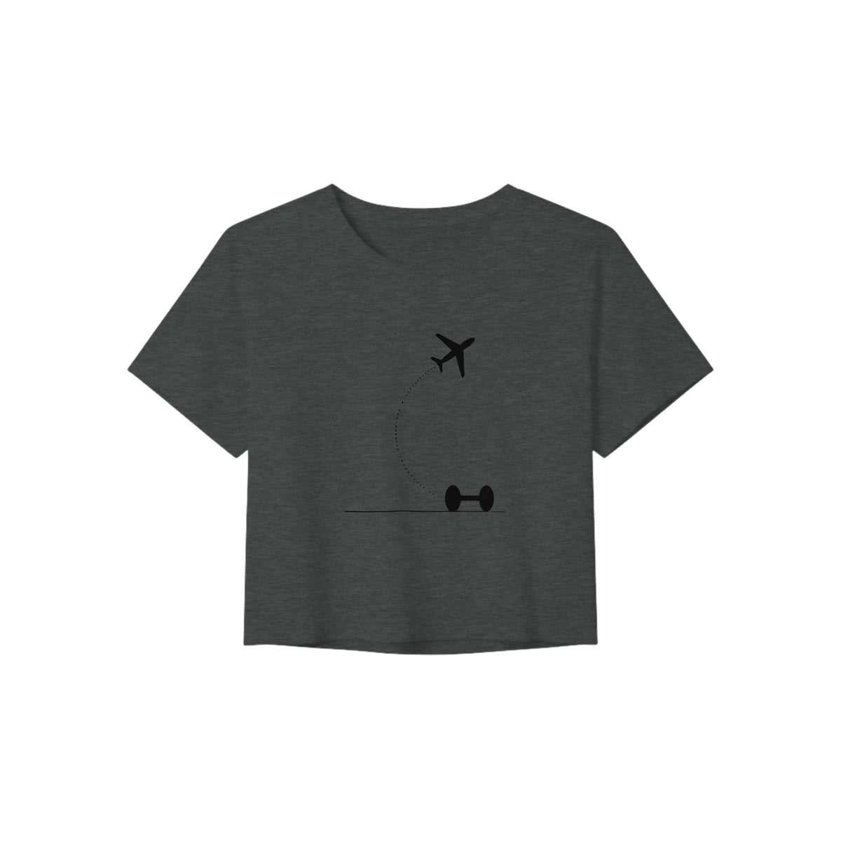 Dark Grey Heather Hotel Key, Fitness Key cropped tee, flight-path dumbbell design
