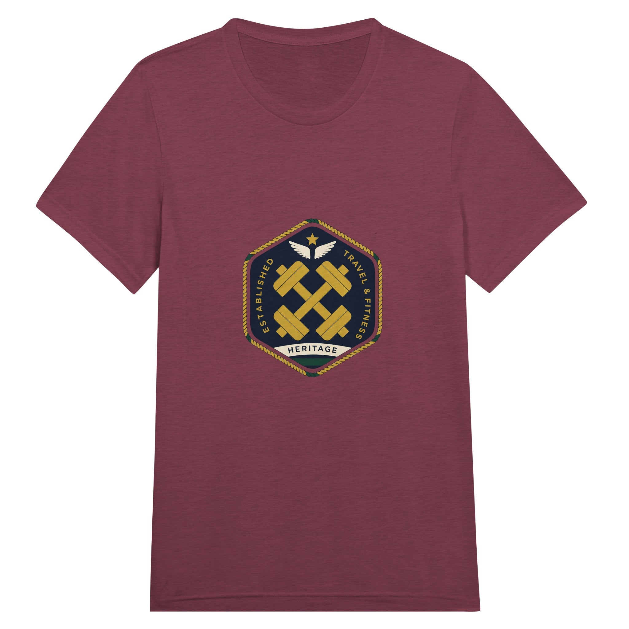 Heritage Standard crest-emblem travel tee, Dumbbells & Hotels road warrior apparel