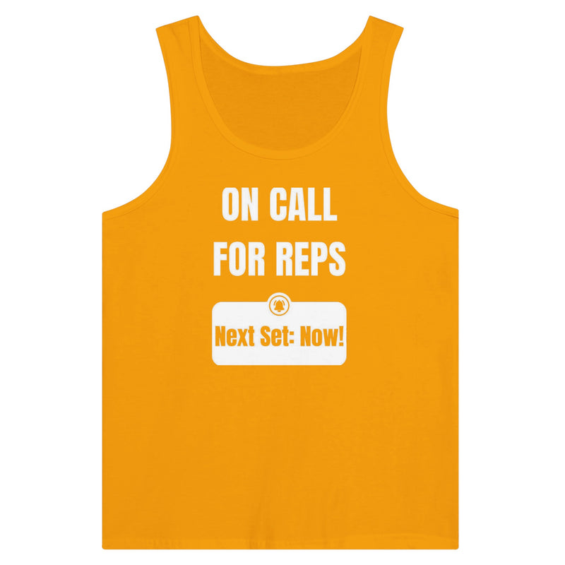 unisex premium travel tank with white On Call for Reps notification graphic reading Next Set: Now!