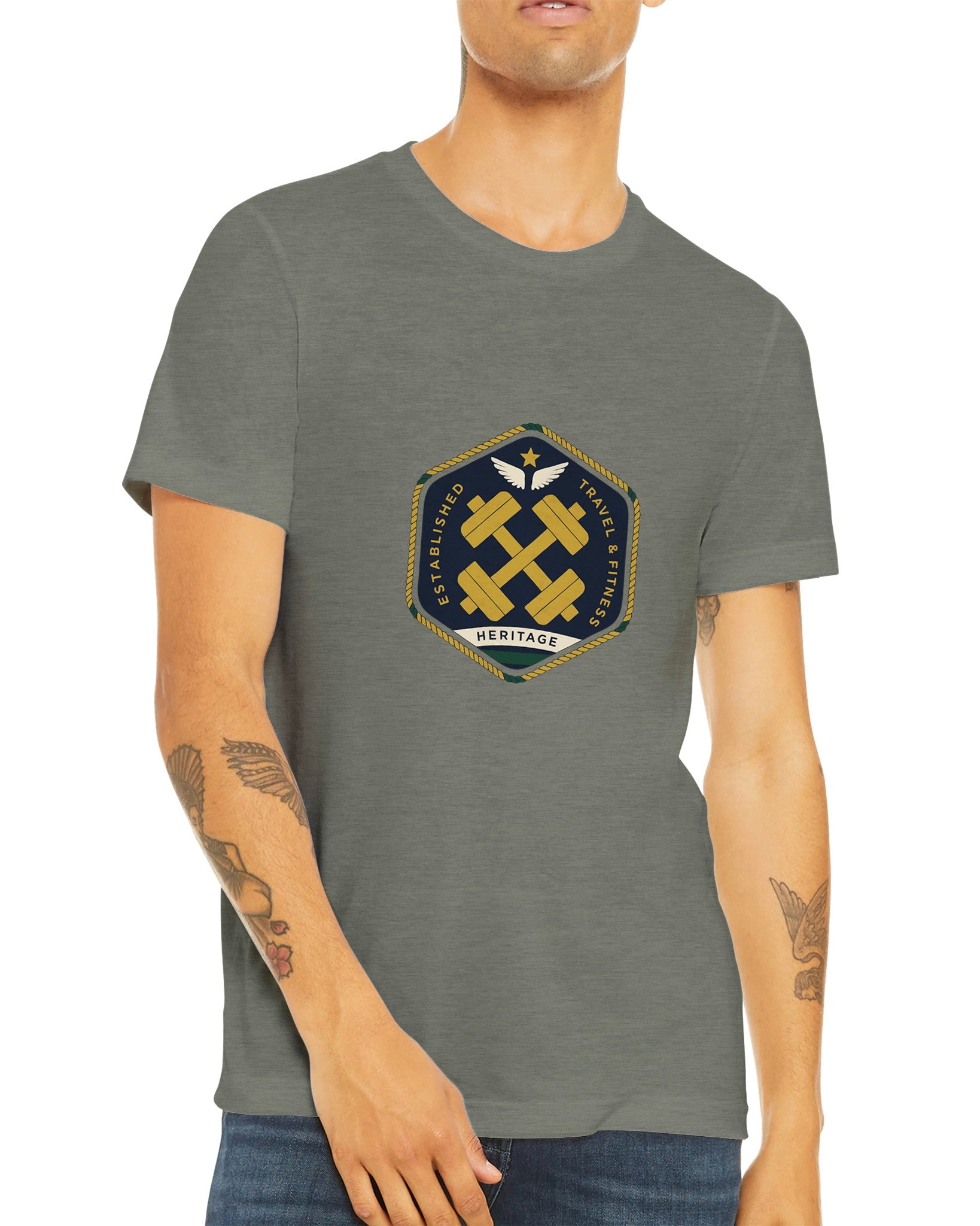 Heritage Standard crest-emblem travel tee, Dumbbells & Hotels road warrior apparel
