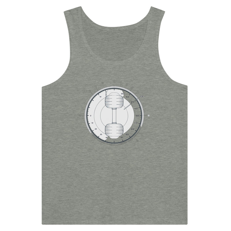 Unisex tank with Elevation Changes, Effort Stays dumbbell and wing design, travel fitness apparel by Dumbbells & Hotels