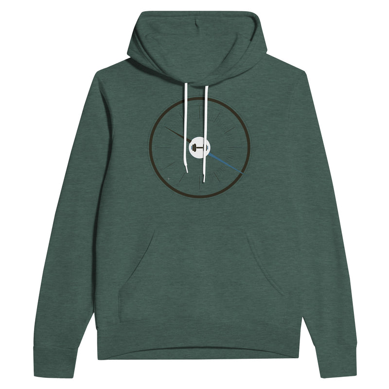 Model in the Bedside Manner Barbell Manner hoodie at a hotel gym warmup