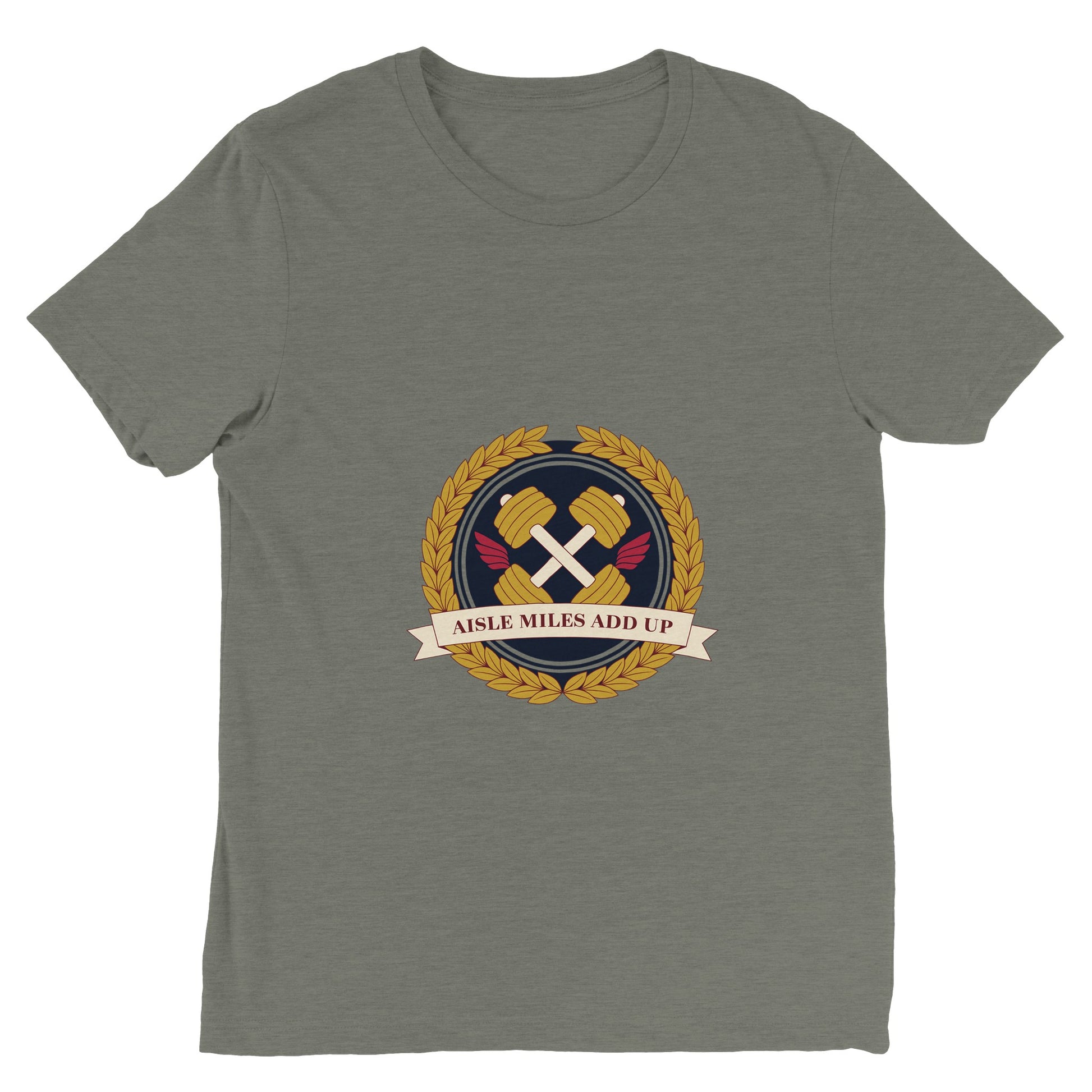 Aisle Miles Add Up frequent flyer travel tee, front view 16 — Dumbbells & Hotels