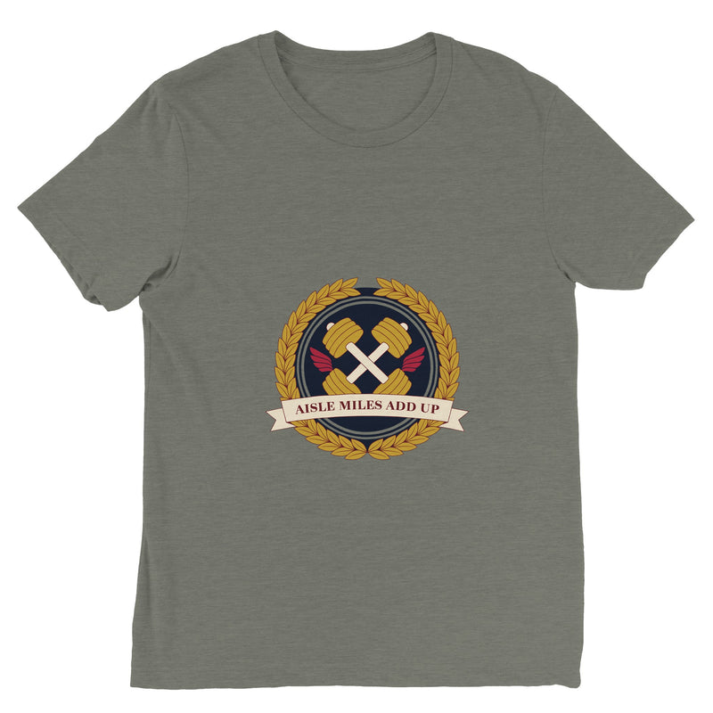 Aisle Miles Add Up frequent flyer travel tee, front view 16 — Dumbbells & Hotels