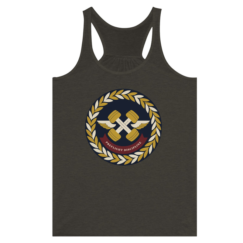 Preflight Discipline women's racerback tank for travelling professionals, printed with a laurel-wreath crest with crossed dumbbells, aviator wings and a PREFLIGHT DISCIPLINE banner — product photo 5 of 13