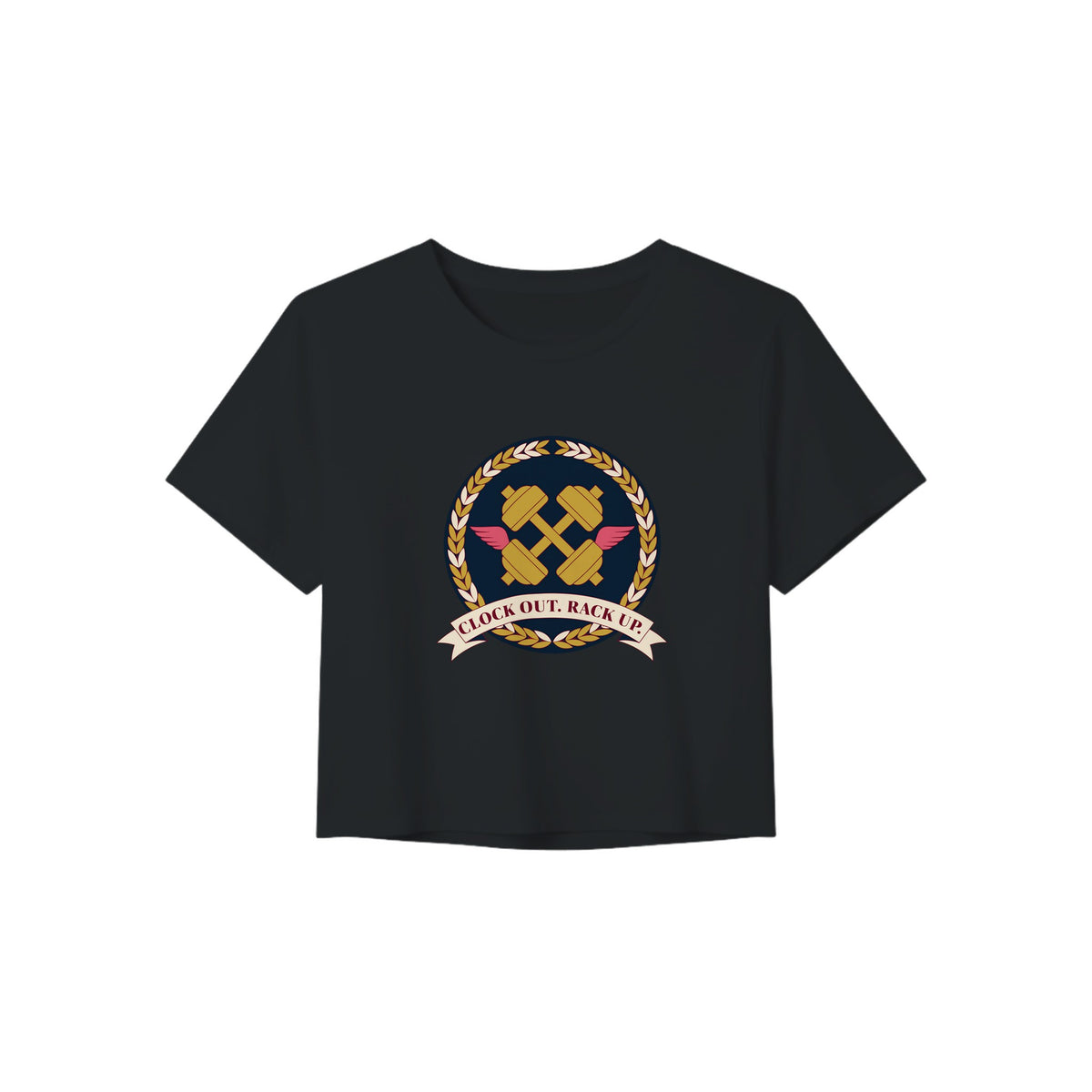 Clock Out. Rack Up. crest design on a Dumbbells and Hotels women's crop tee