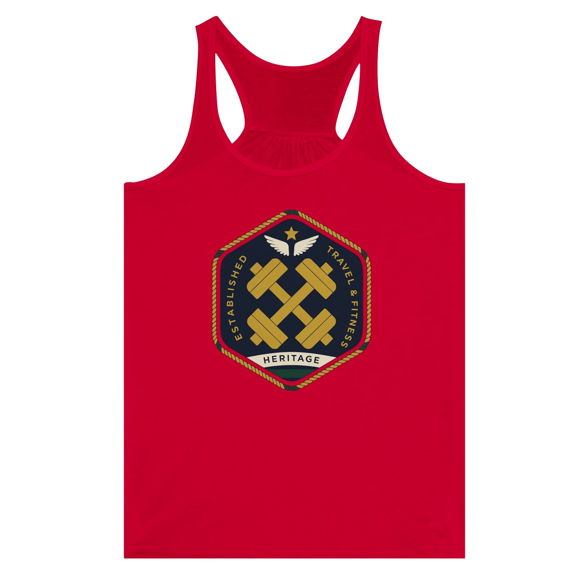 Heritage Standard crest-emblem flowy racerback tank, Dumbbells & Hotels road warrior apparel