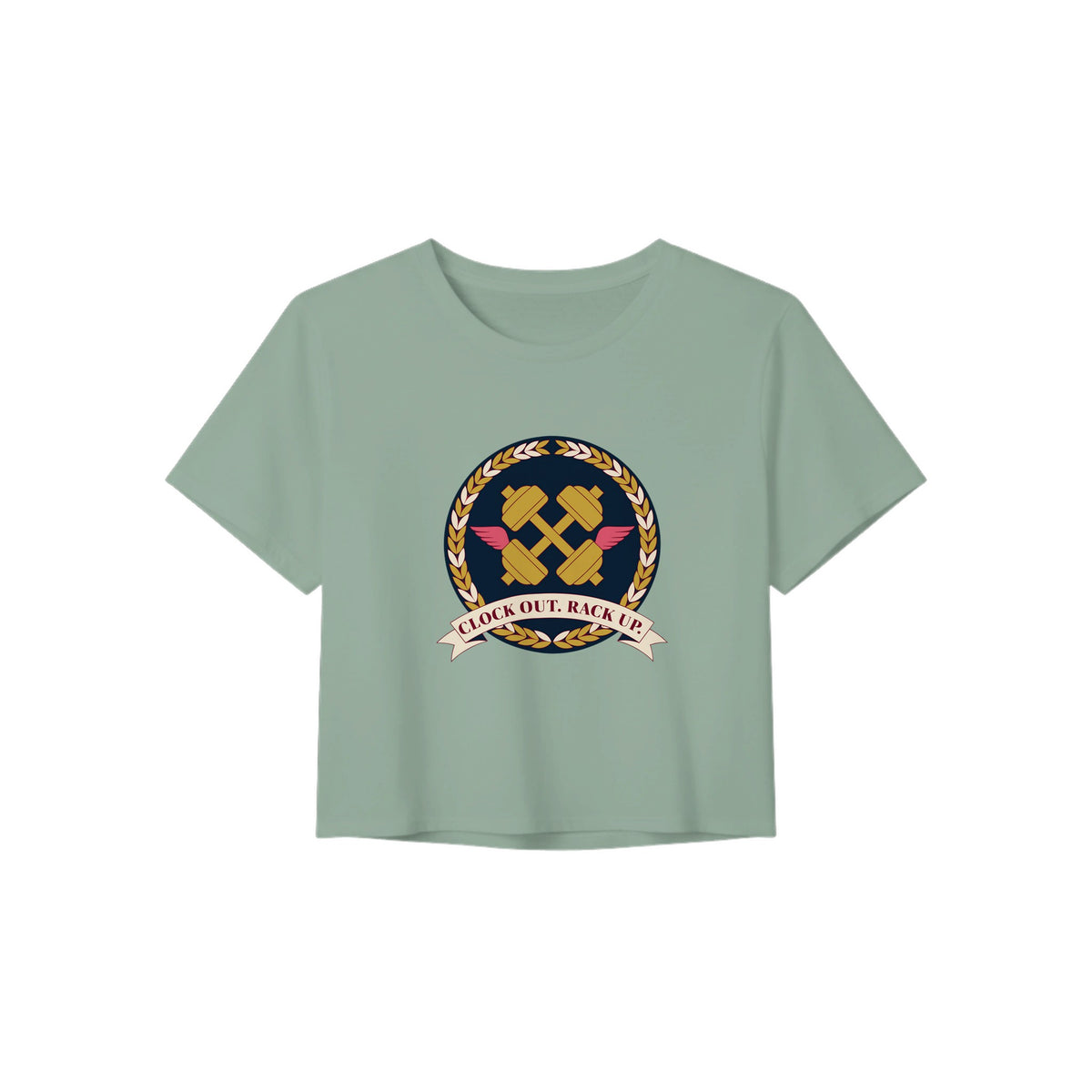 Clock Out. Rack Up. crest design on a Dumbbells and Hotels women's crop tee